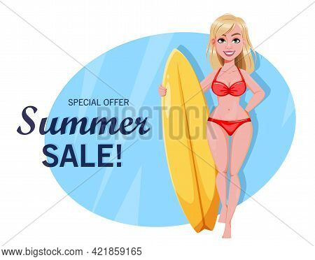 Hello Summer. Summer Sale Concept. Cute Surf Girl Cartoon Character. Stock Vector Illustration