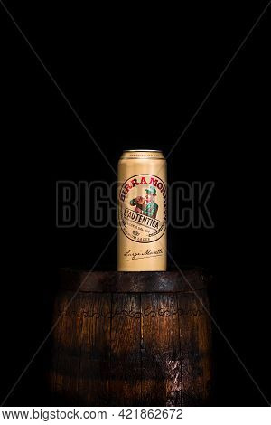 Can Of Birra Moretti Beer On Wooden Barrel With Dark Background. Illustrative Editorial Photo Buchar