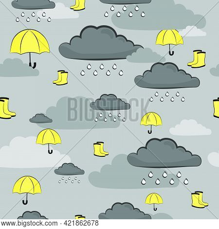 Seamless Vector Pattern In Grey And Yellow Colous For Fabric And Wrapping Paper With Umbrellas And G
