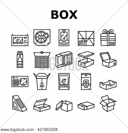 Box Carton Container Collection Icons Set Vector. Sushi Delivering And Pizza, Box For Tea And Coffee
