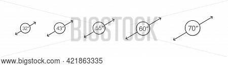 Screen Inches Set. Different Screen Inches 32, 43, 55, 60, 70. Monitor Diaginal Icons Collection. Se