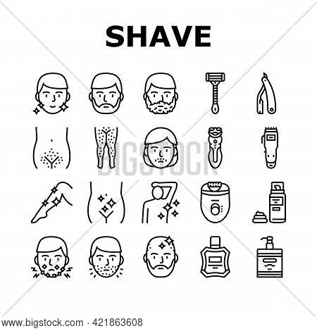 Shave Treat Accessory Collection Icons Set Vector. Razor For Shave Mustache And Beard, Epilator Devi