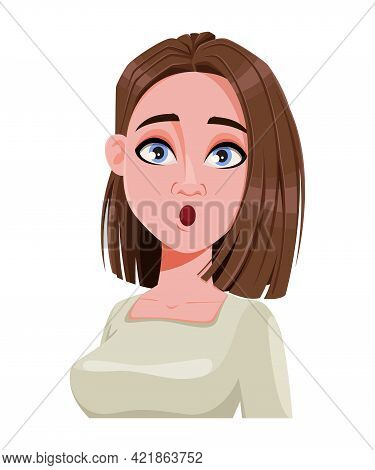 Face Expression Of Successful Business Woman, Surprised. Female Emotion. Cute Cartoon Character In F