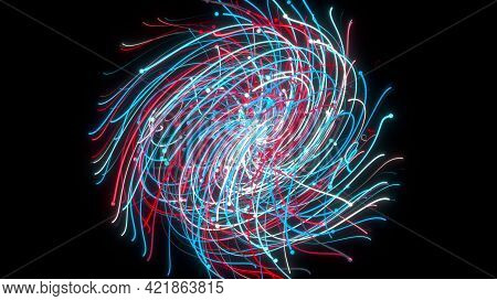 Chaotic Spinning 3d Render Stripes In Spatial Spiral. Disordered Threads Whirling Outer Space. Abstr