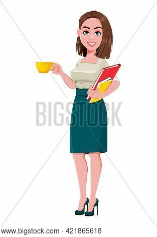 Young Successful Business Woman Having A Coffee Break. Cute Businesswoman Cartoon Character.  Stock 