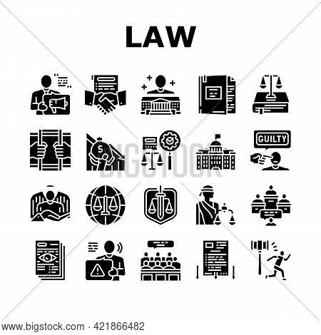 Law Notary Advising Collection Icons Set Vector. Law Advisor And Agreement, Government Building, Cou