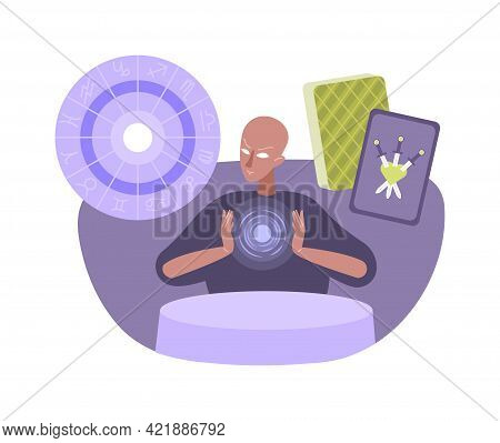 Flat Esoteric Composition With Seer Character And Taro Cards Vector Illustration