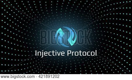 Injective Protocol Inj Token Symbol Cryptocurrency In The Center Of Spiral Of Glowing Dots On Dark B