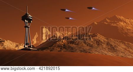 Colony On Mars 3d Illustration - Spacecraft From Earth Come In For A Landing Near A Colony Construct