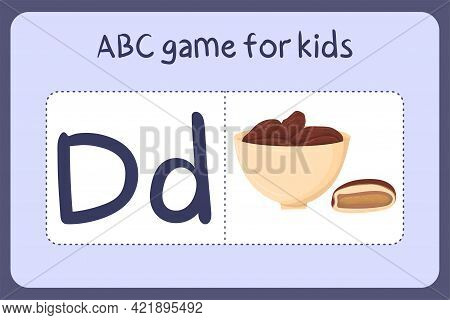 Kid Alphabet Mini Games In Cartoon Style With Letter D - Dates. Vector Illustration For Game Design 