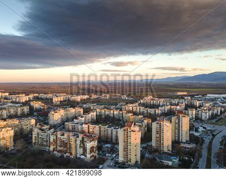 Aerial Sunset View Of Typical Residential Building From The Communist Period At District Trakia In C