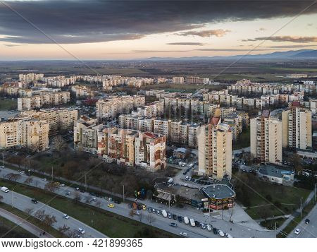 Aerial Sunset View Of Typical Residential Building From The Communist Period At District Trakia In C