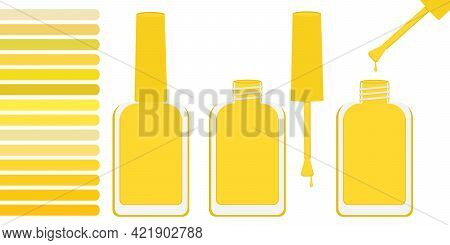 Palette With Shades Of Yellow. And Three Bottles Of Red Lacquer Open And Closed