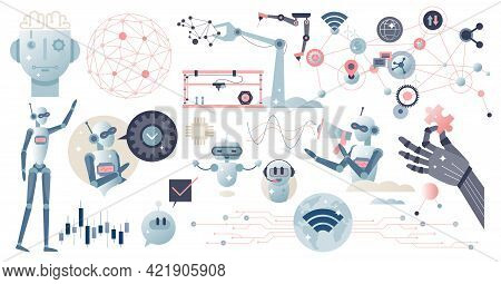 Artificial Intelligence Or Ai With Digital Robots Tiny Person Collection Set. Technology Items With 