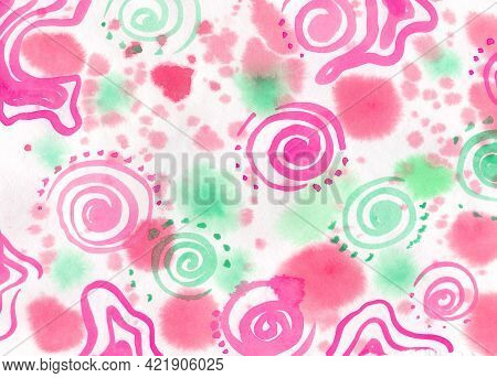 Watercolor Paint Multicolor Abstract On White Background. Pink, Green And Red Spot And Spiral Textur