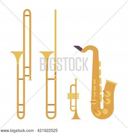 Wind Musical Instrument, Brass And Woodwind Set. Saxophone, Yellow Trumpet, Bright Trombone For Band