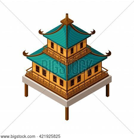 Pagoda As Tiered Tower With Multiple Eaves As Asian Architecture Isometric Vector Illustration