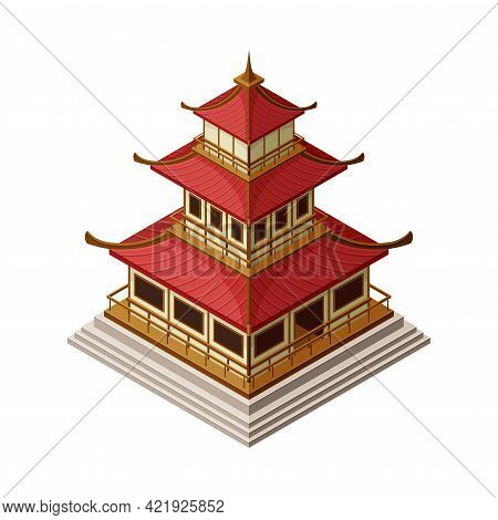 Pagoda As Tiered Tower With Multiple Eaves As Asian Architecture Isometric Vector Illustration