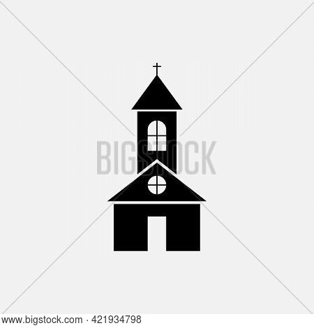 Church Flat Of Black Color. Vector Church With Cross Icon On White Background