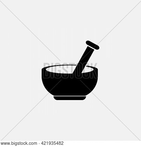 Pharmacy, Pestle And Mortar Of Black Color. Vector Medical Herbs Icon On White Background