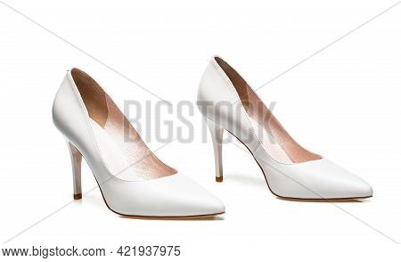 Fashionable Women Shoes Isolated On White Background. Stylish Classic Women Leather Shoe. White High