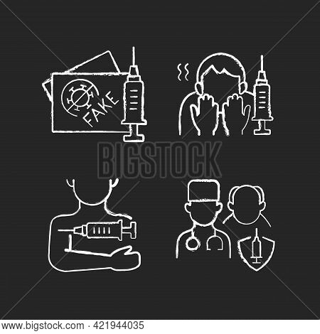Vaccine Inoculation Chalk White Icons Set On Black Background. Fake Vaccinated Tourist Passport. Fea