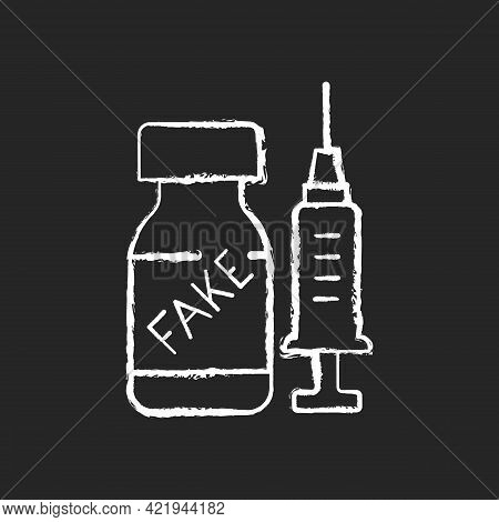 Fake Vaccine Chalk White Icon On Black Background. False Covid Drug. Fraudulent Medication. Disease 