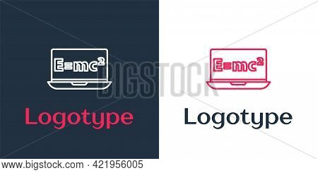 Logotype Line Math System Of Equation Solution On Laptop Icon Isolated On White Background. E Equals