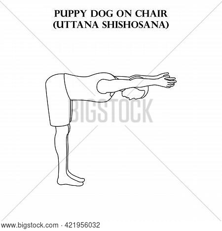 Puppy Dog On Chair Pose Yoga Workout. Uttana Shishosana. Man Doing Yoga Illustration Outline On The 