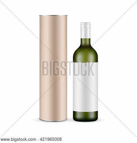 Green Glass Wine Bottle With Label And Cardboard Tube Mockup Isolated On White Background. Vector Il