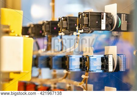 Various Color Signal Lamp Indicator And Push Button Switch Install At Electric Power Control Cabinet