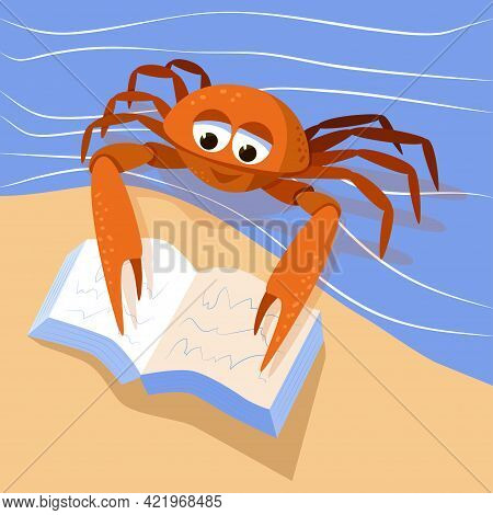 Cartoon Cute Crab Reading A Book. Marine Broadly Built Decapod Crustacean Mascot. Character Of Sea C