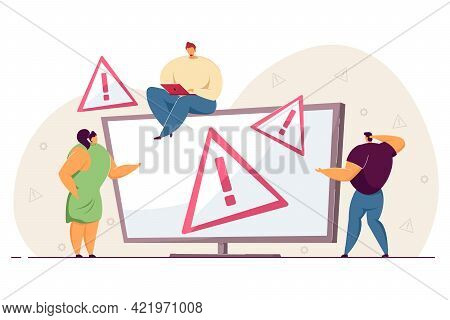 Warning Window On Computer Screen. Confused Tiny People, Mistake Alert For Website Or Page Flat Vect