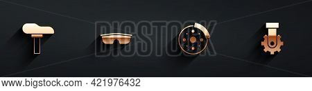 Set Bicycle Seat, Sport Cycling Sunglasses, Brake Disc And Derailleur Bicycle Rear Icon With Long Sh