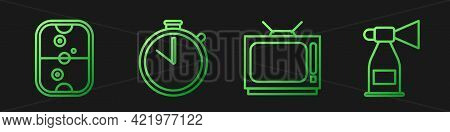 Set Line Retro Tv, Air Hockey Table, Stopwatch And Air Horn. Gradient Color Icons. Vector