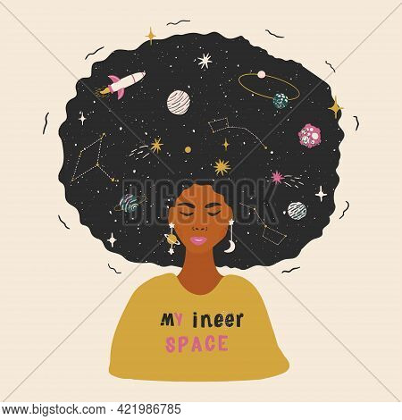Beautiful Black Woman With Cosmic Afro Hair. Space Illustration For Printing On A T Shirt, Pillow, P