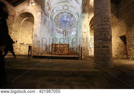 Lleida, Spain, May 1, 2020 - Fresco Paintings Pantocrator In Church Of Sant Climent De Taull. Catala