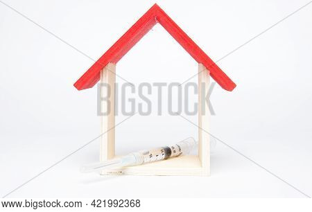 A Picture Of House Miniature And Injection Vaccine Syringe. Houshold Vaccination Turnup Very Poor In