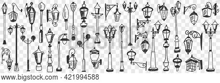 Outdoors Vintage Lamps Doodle Set. Collection Of Hand Drawn Various Shapes And Styles Of Street Lamp
