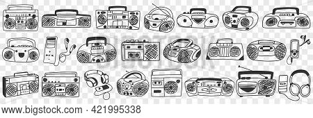 Old Tape Recorder Doodle Set. Collection Of Hand Drawn Various Retro Styled Tape Recorder For Listen