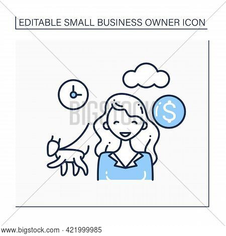 Dog Walking Line Icon. Girl Walking Dogs For Money. Individual Entrepreneur. Small Business Owner Co