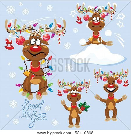 Set Of Four Funny Rein Deers With Christmas Lights Tangled In Antlers - Cartoons With Different Emot