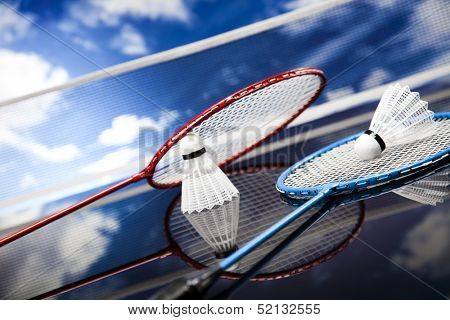 Shuttlecock on badminton racket 