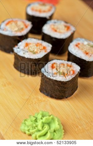 Japanese cuisine - sushi rolls with tobico and pancake