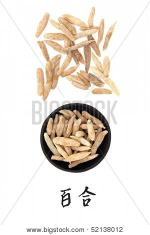 Lilyturf root chinese herbal medicine with mandarin title script translation. Mai dong. Ophiopogon japonicus.