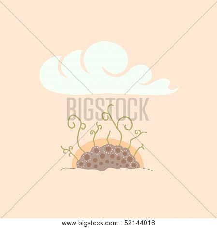 Green sprouts in soil under sky sunrise