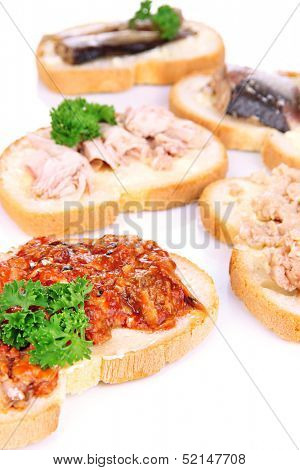 Tasty sandwiches with tuna and cod liver sardines different kinds of canned fish, isolated on white
