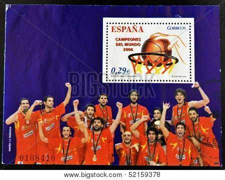 A stamp printed in Spain showing Spanish basketball team the champion of the world