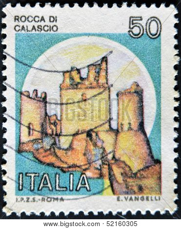A stamp printed in Italy shows Rock of Calascio Italian series of castles
