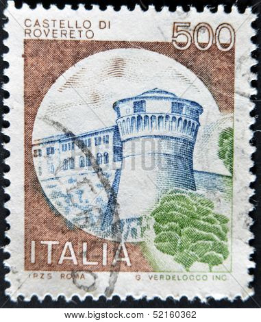 A stamp printed in Italy shows image of Rovereto Castle Italian series of castles